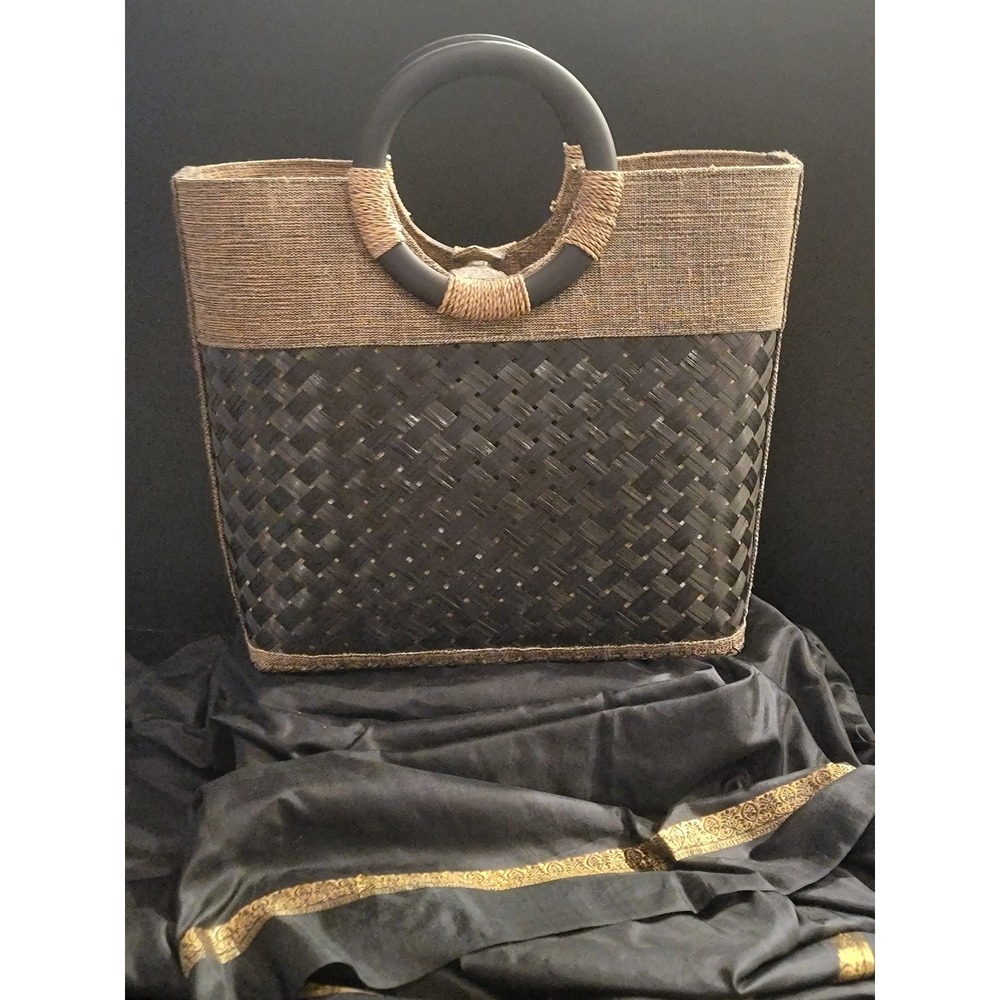 Mad Bags Woven Straw Tote Bag Black Tan Basketweave Handbag Round Handles
